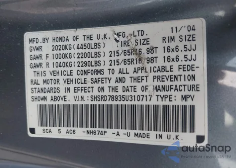 2005 Honda Cr-V Se from USA, damaged, VIN SHSRD78935U310717